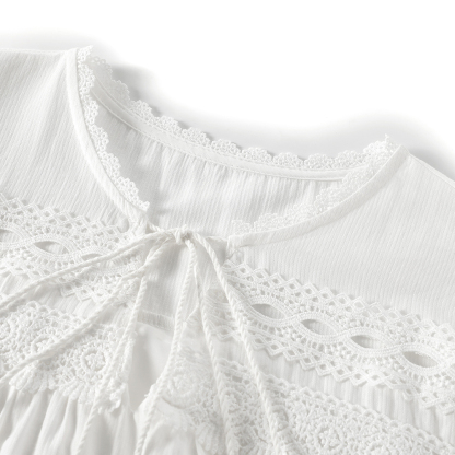 French Loose Lace Stitching Retro Pure White Dress