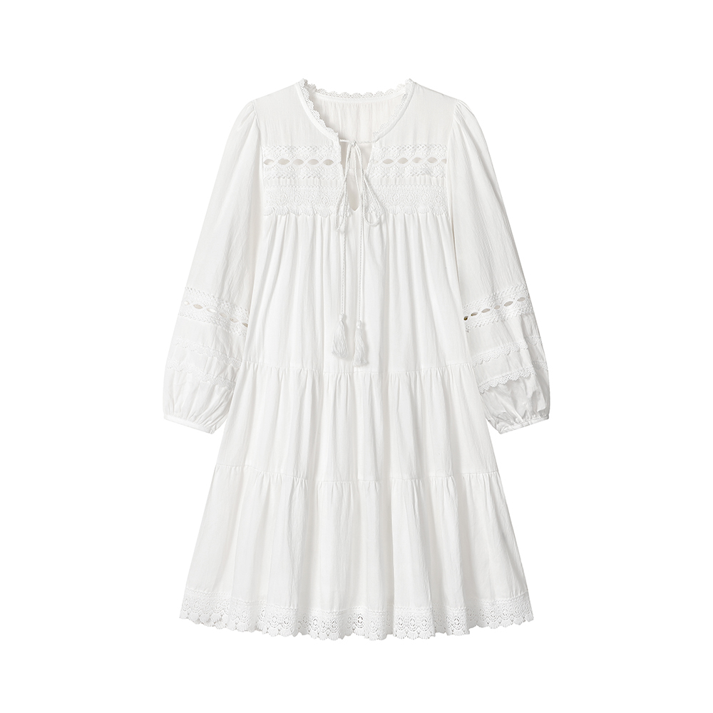 French Loose Lace Stitching Retro Pure White Dress