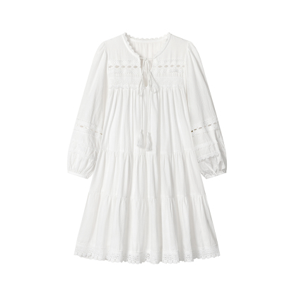 French Loose Lace Stitching Retro Pure White Dress