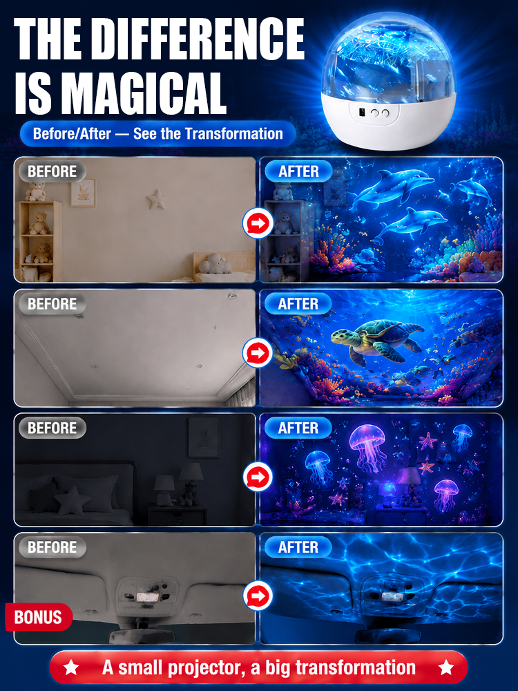 [360° Rotation] Ocean & Starry Sky Atmosphere Rotating Projection Lamp: Ultra-HD 3D Projection Tech for Home & Car—Turn Any Space into a Real Aquarium in Just 1 Second!