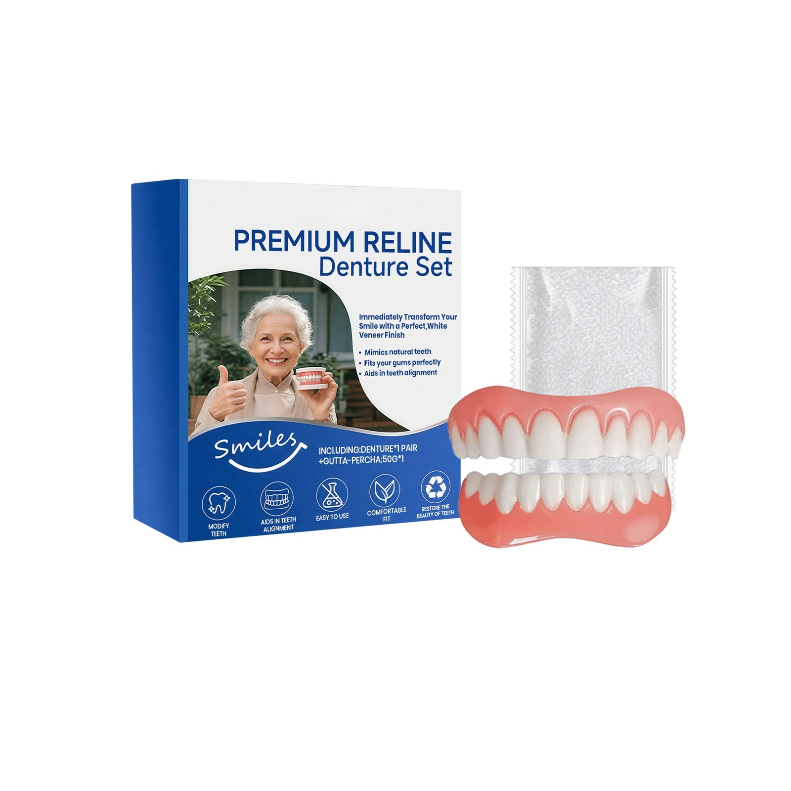 Enjoy apples again—No slipping, No worry! No Glue Needed! Confident Smile Silicone Denture Kit