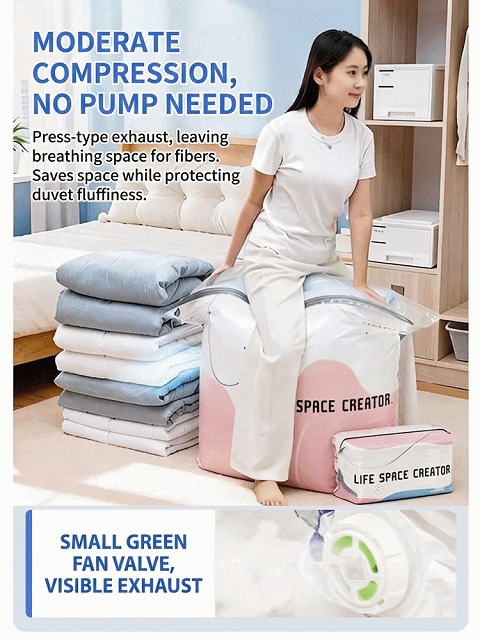 No Pump Needed - One-touch auto compression! Thickened 3D Vacuum Compression Bag for Quilts, Clothes, and Down Jackets - No Pump Needed, Moisture