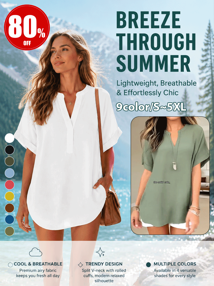 Breathable Solid V-Neck Casual Short Sleeve | Visually slims up to 10kg instantly