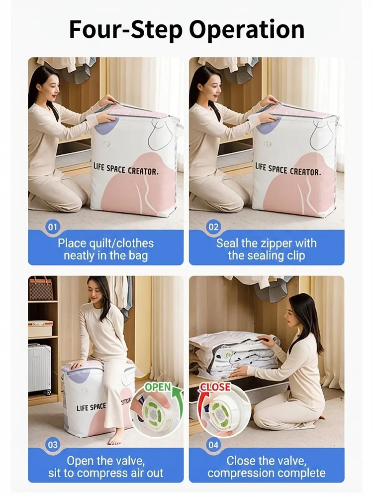 No Pump Needed - One-touch auto compression! Thickened 3D Vacuum Compression Bag for Quilts, Clothes, and Down Jackets - No Pump Needed, Moisture