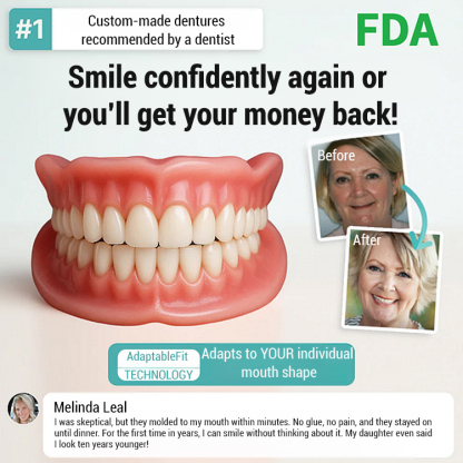 1-second installation, stays securely in place for 48 hours. More natural than real teeth! 3-in-1 Teeth Whitening & Denture Cosmetic Kit