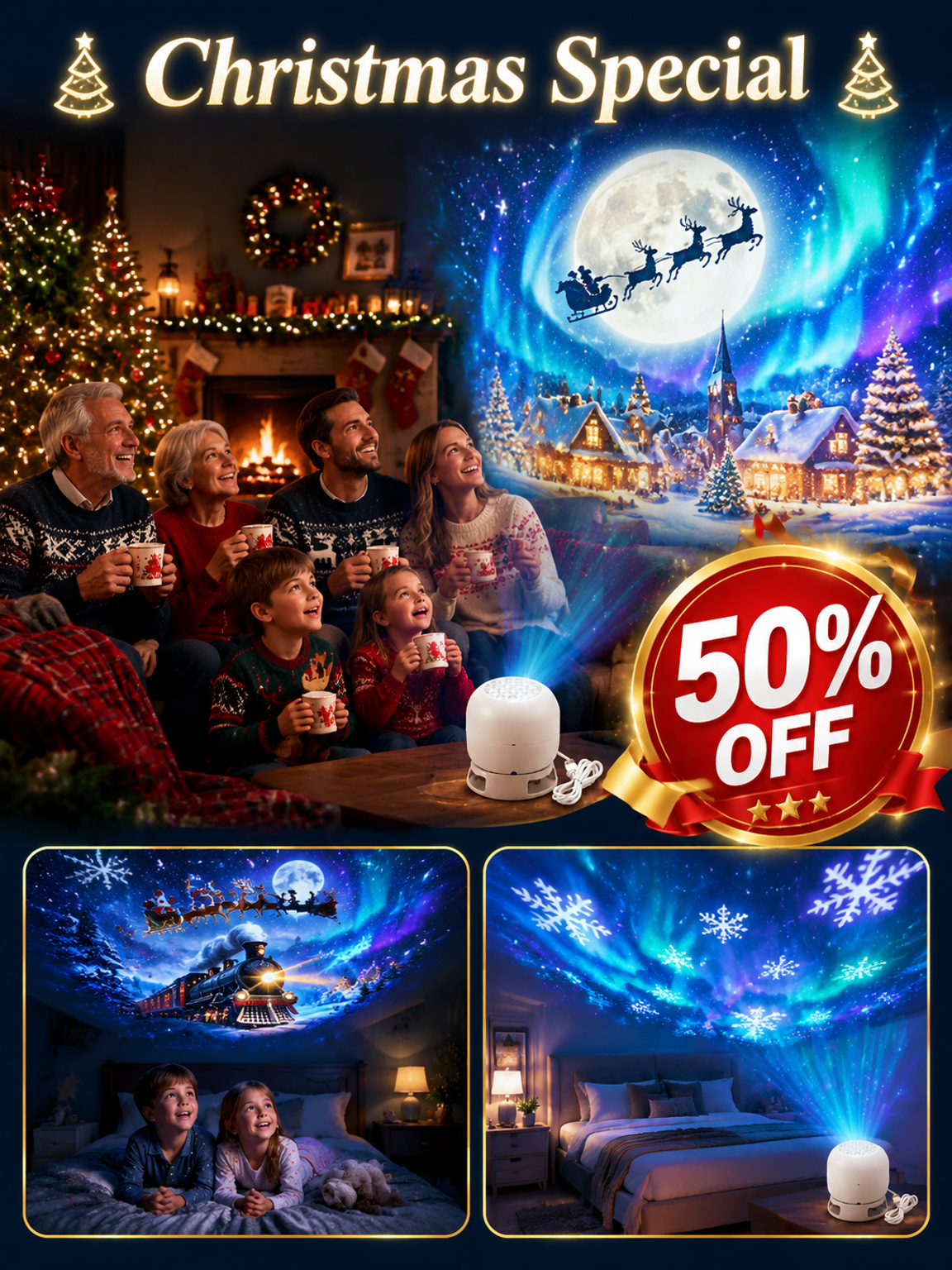 Home Holiday Atmosphere Projector Light 🌟 1-Second Transformation: Instantly Turn Your Room Into a Magical Winter Wonderland!