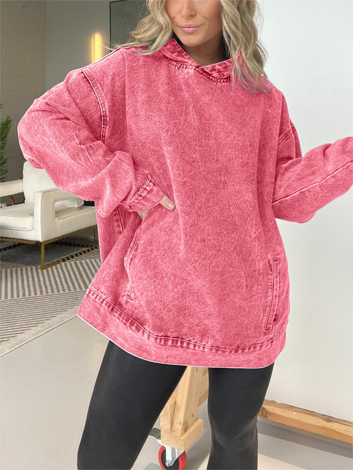 Denim Hooded Sweatshirt with Front Pockets (Buy 2 Free Shipping)