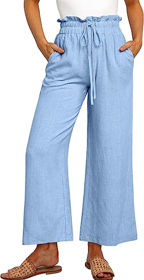 Women's High Waist Drawstring Wide Leg Linen Pants-Pink Laura