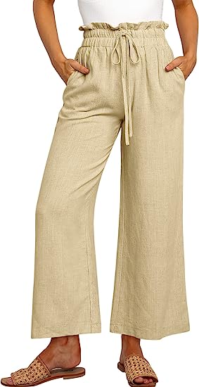 Women's High Waist Drawstring Wide Leg Linen Pants-Pink Laura
