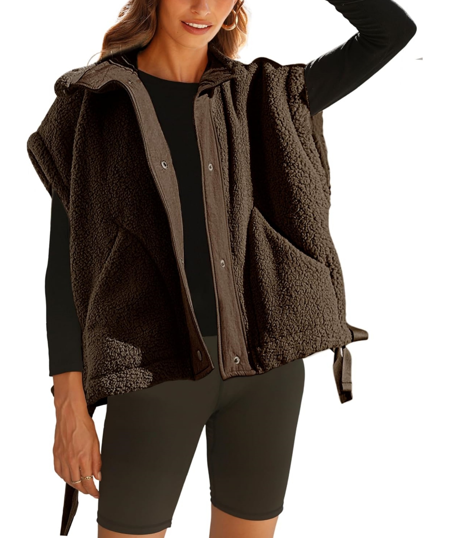 Sleeveless Button Paneled Sherpa Vest with Pockets (Buy 2 Free Shipping)