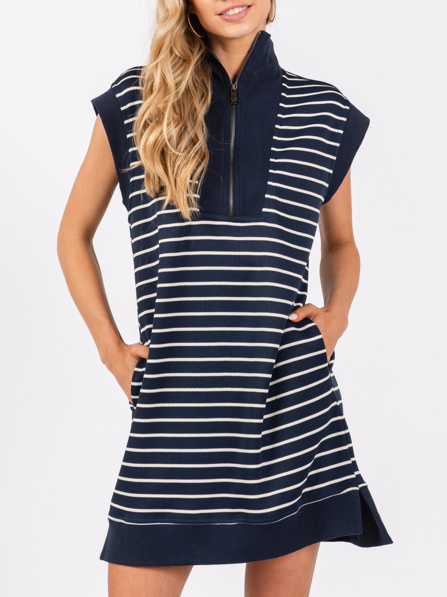 Striped Knit Cap Sleeve Half-Zip Mini Dress (Buy 2 Free Shipping)