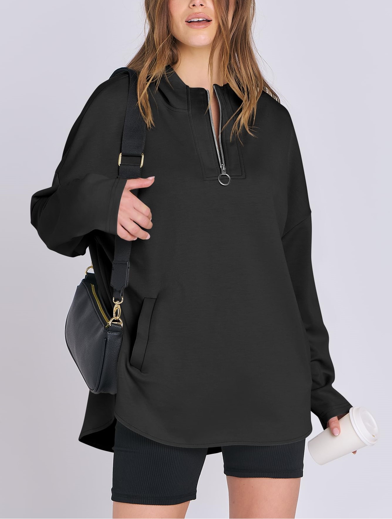 Women's Oversized Quarter Zip Hoodie With Pockets
