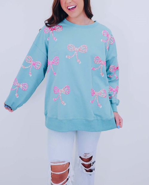 Women's Candy Cane Bow Sequin Sweatshirt