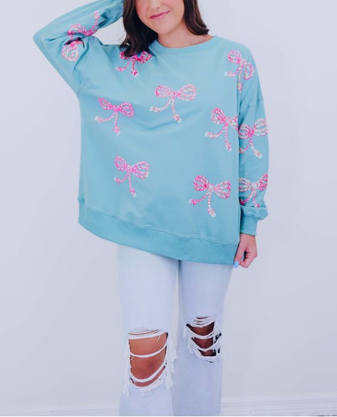 Women's Candy Cane Bow Sequin Sweatshirt