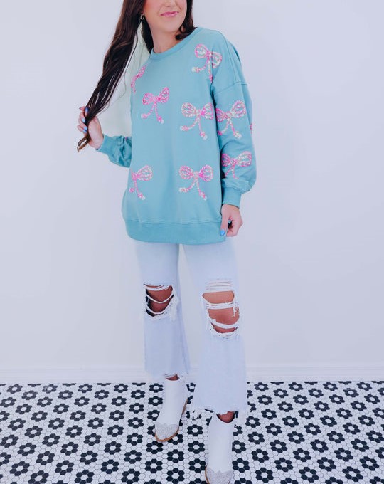 Women's Candy Cane Bow Sequin Sweatshirt