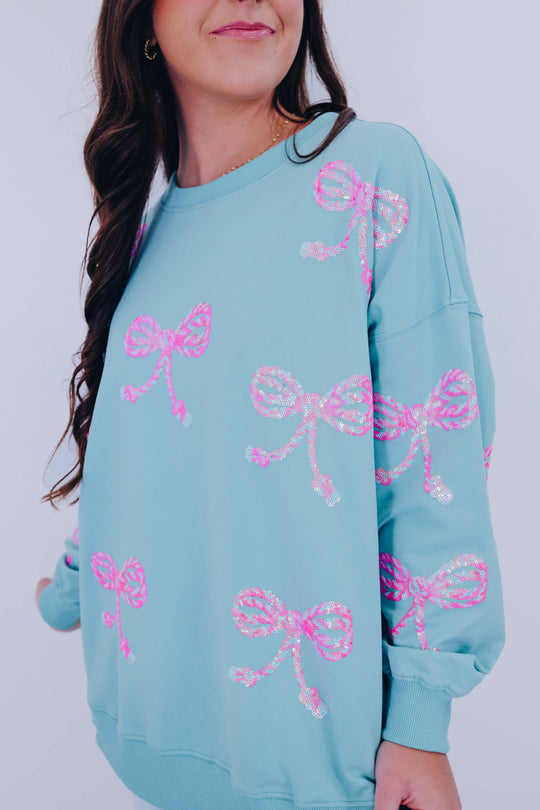 Women's Candy Cane Bow Sequin Sweatshirt