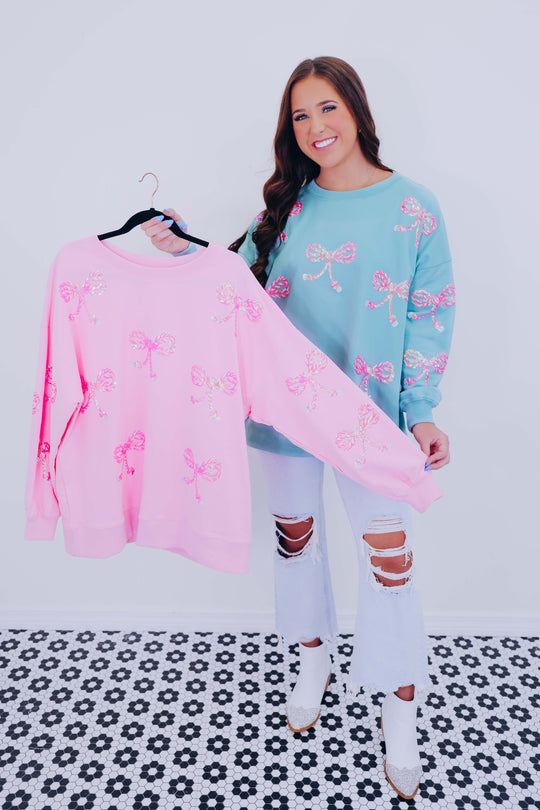 Women's Candy Cane Bow Sequin Sweatshirt