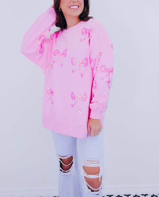 Women's Candy Cane Bow Sequin Sweatshirt