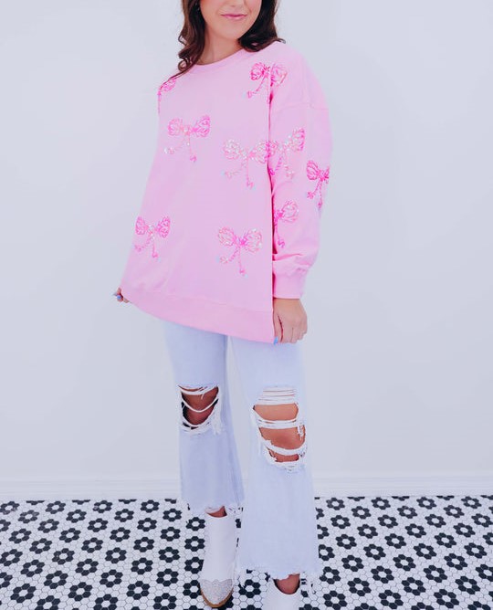 Women's Candy Cane Bow Sequin Sweatshirt