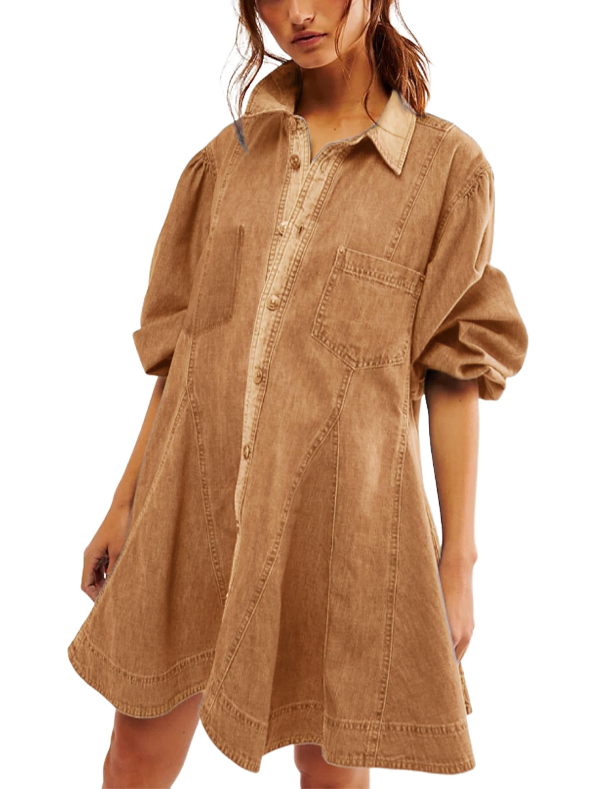 Women's Long Balloon Sleeves Button Down Denim Dress (Buy 2 Free Shipping)