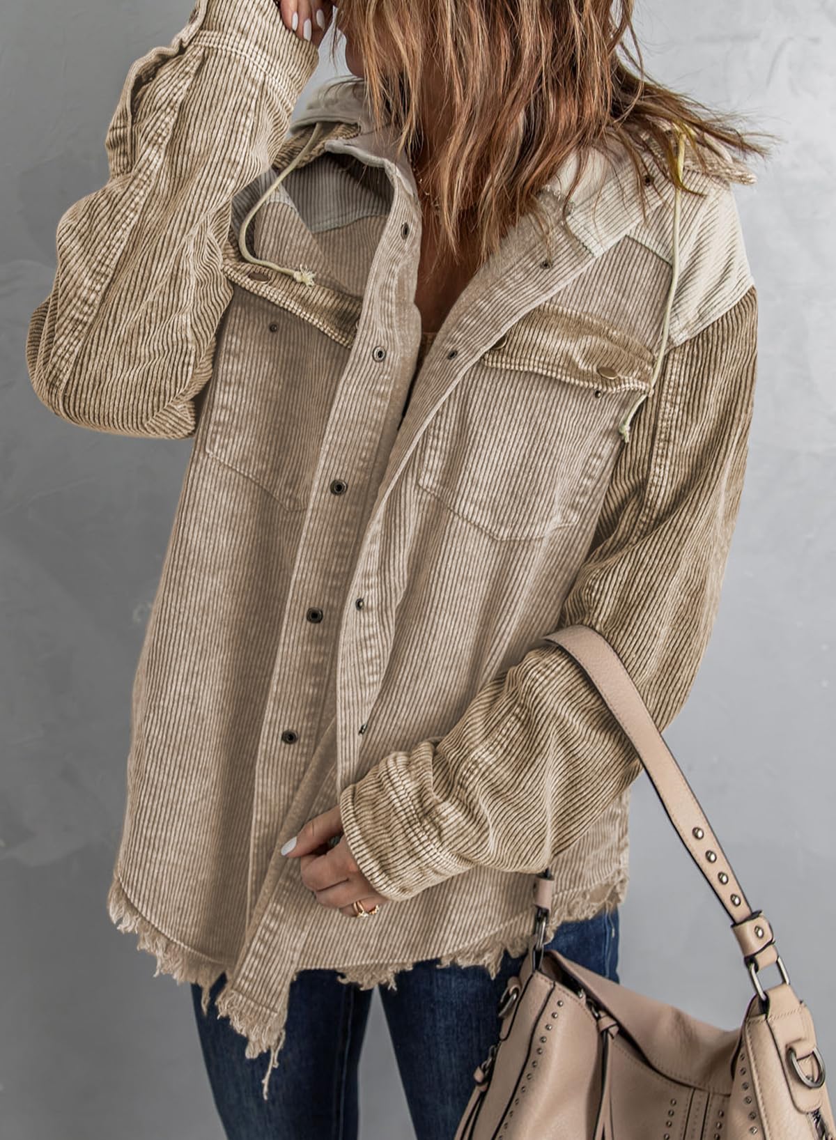 Fall Button Down Color Block Corduroy Hooded Jacket