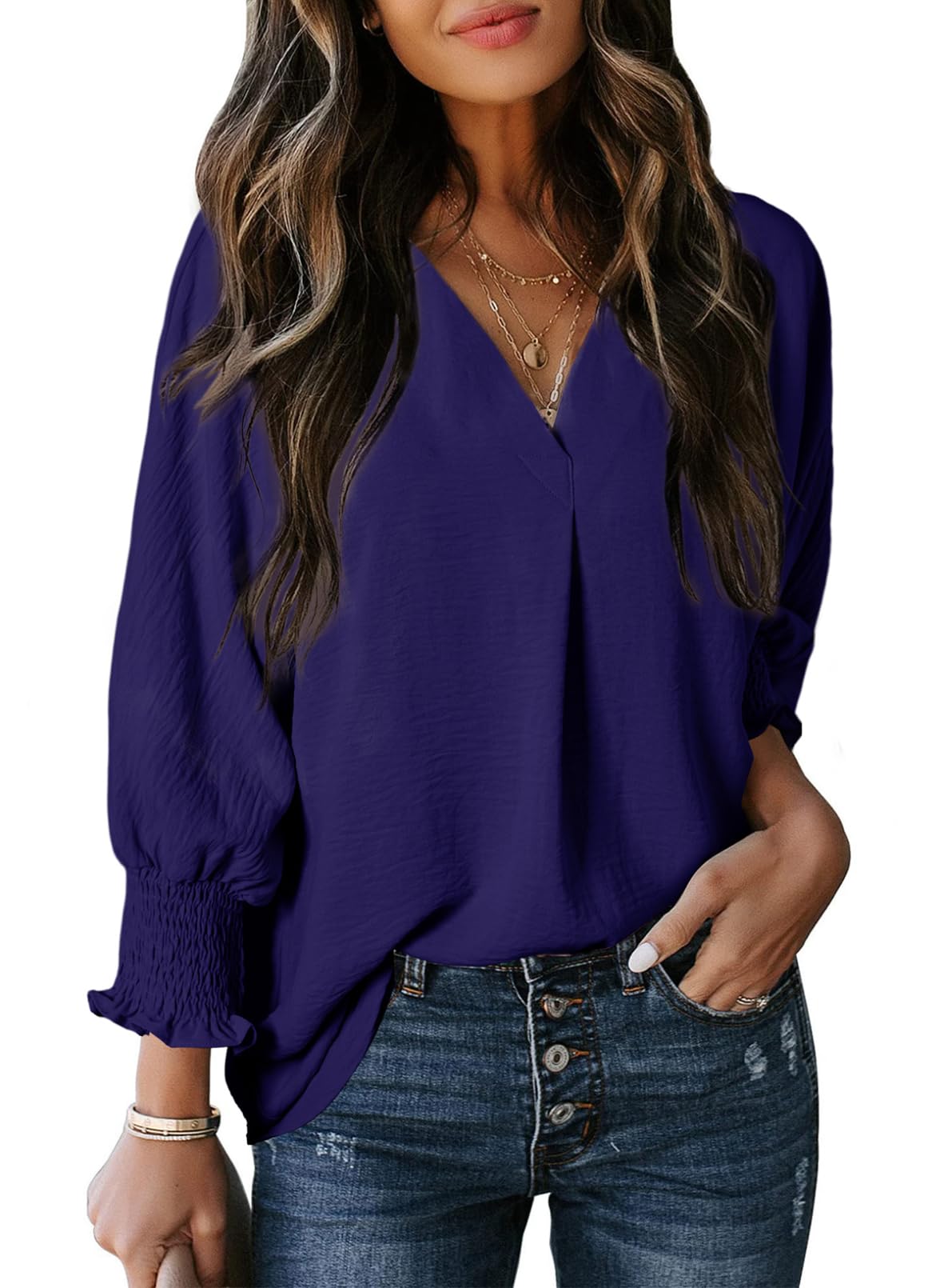 Casual 3/4 Sleeve V Neck Loose Fit Basic Tees (Buy 2 Free Shipping)