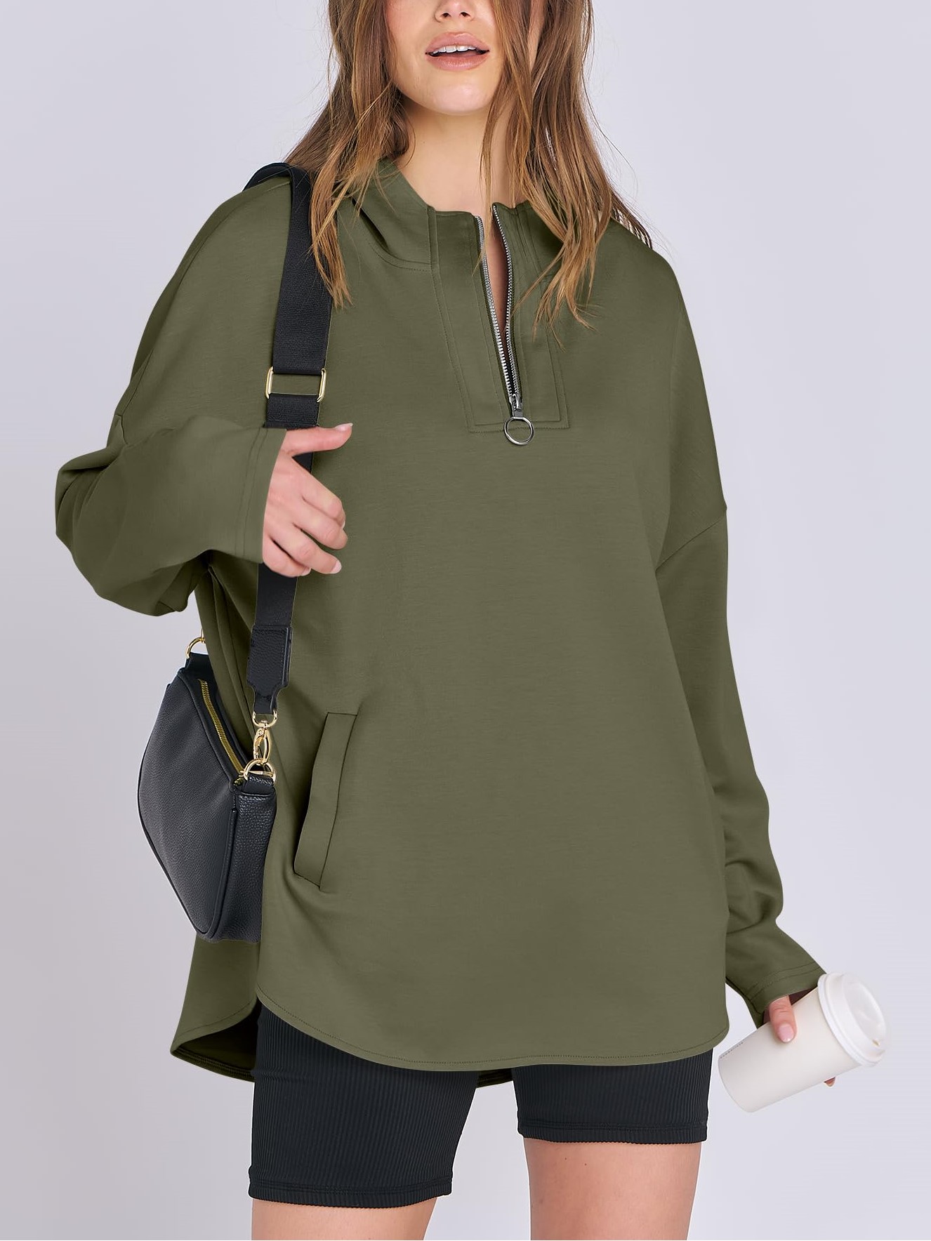 Women's Oversized Quarter Zip Hoodie With Pockets