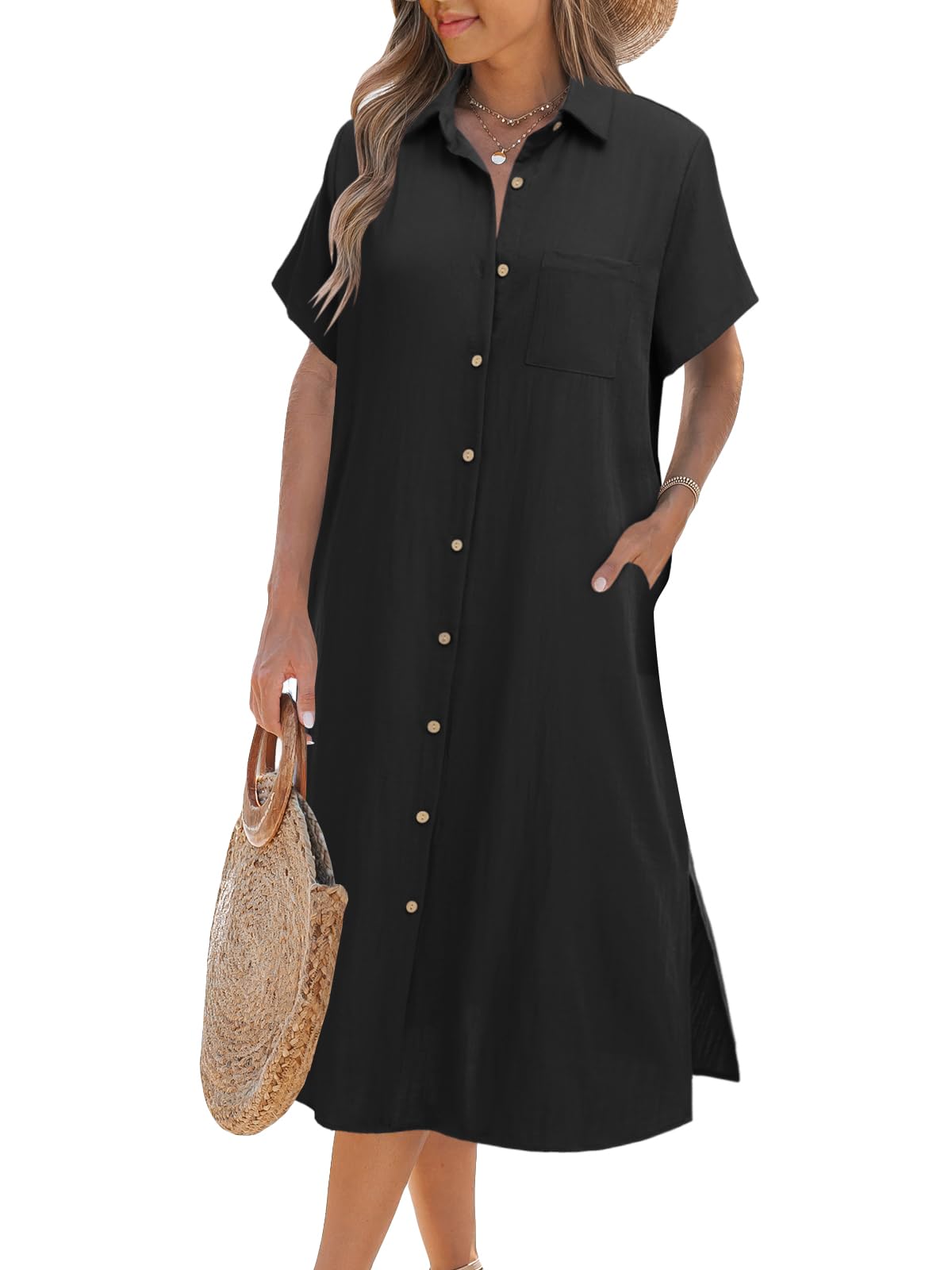 Women's Summer Casual Short Sleeve Button-Up Shirt Dress