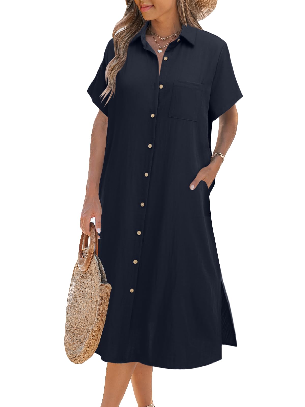 Women's Summer Casual Short Sleeve Button-Up Shirt Dress