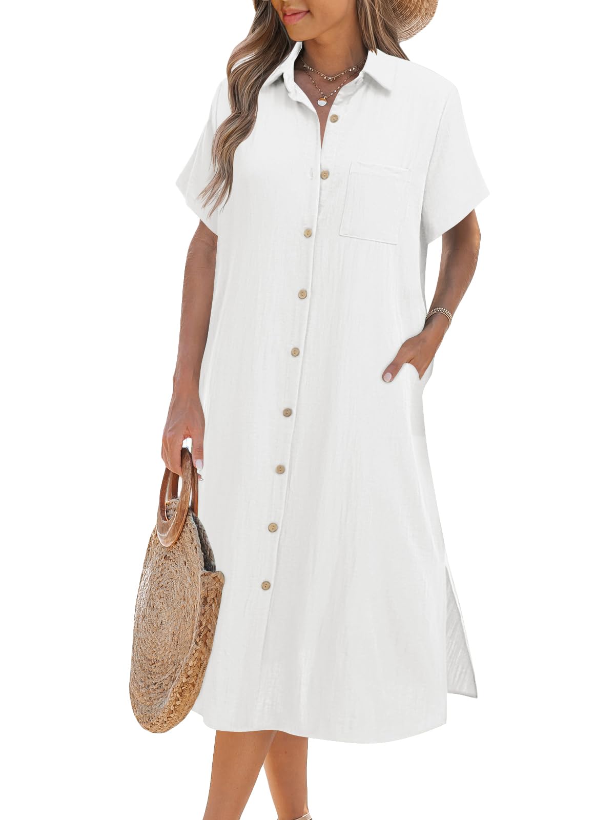Women's Summer Casual Short Sleeve Button-Up Shirt Dress