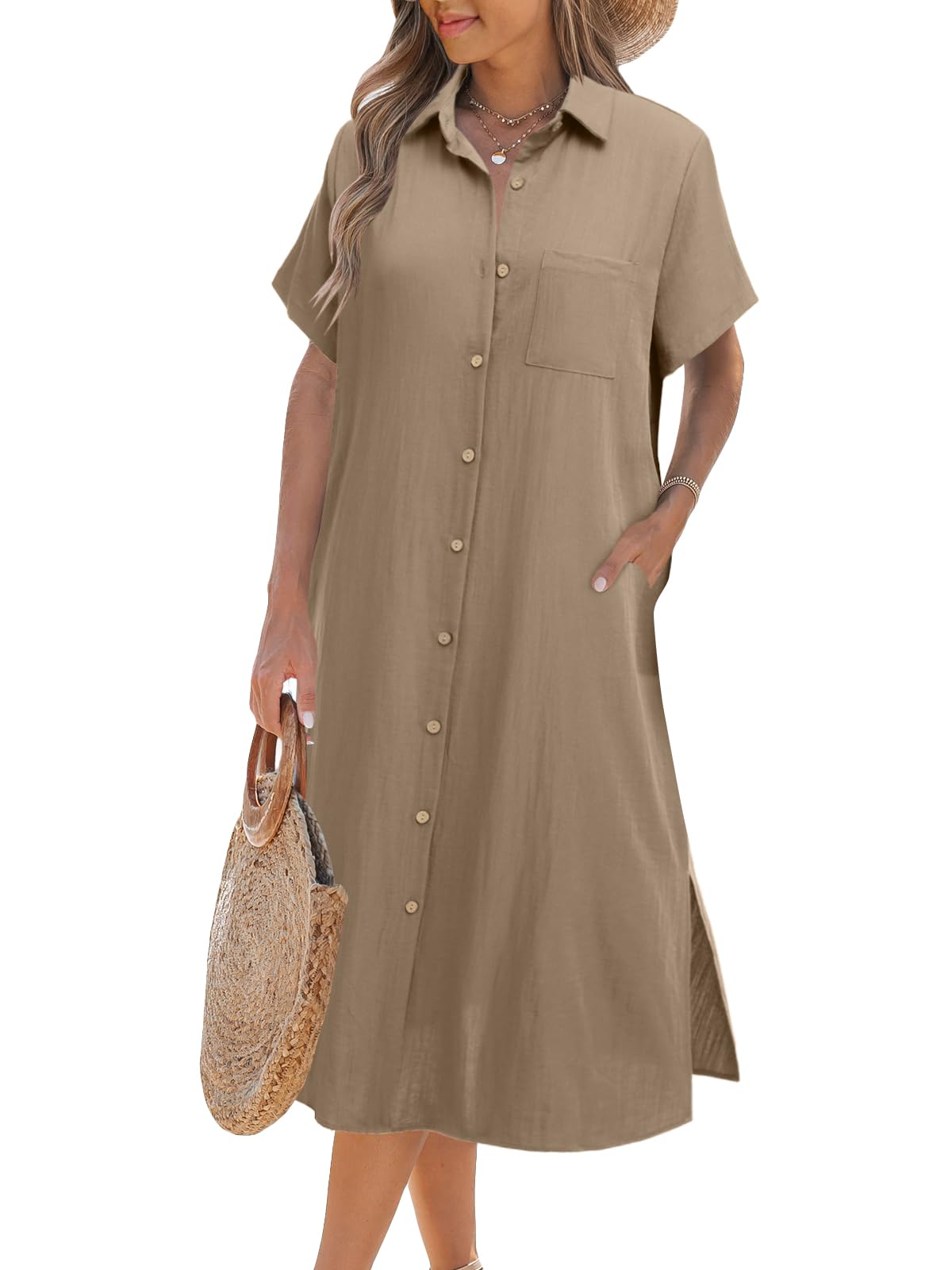 Women's Summer Casual Short Sleeve Button-Up Shirt Dress