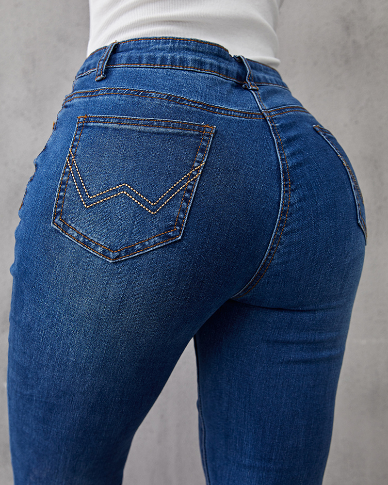 Ladies Flared High Waist Denim Button Stretch Trousers-Pink Laura