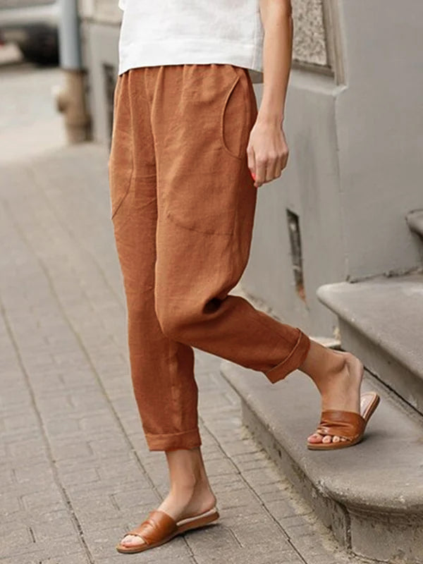 Linen-cotton Women's Large Size Loose Pants-Pink Laura