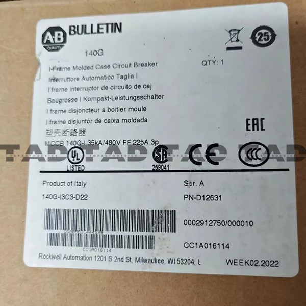 Allen-Bradley 140G-I3C3-D22 140G 225A Frame Molded Case Ckt-Bkr