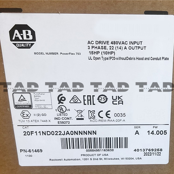 Allen-Bradley 20F11ND022JA0NNNNN PowerFlex Air Cooled 753 AC Drive