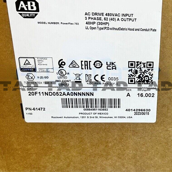 Allen-Bradley 20F11ND052AA0NNNNN PowerFlex Air Cooled 753 AC Drive