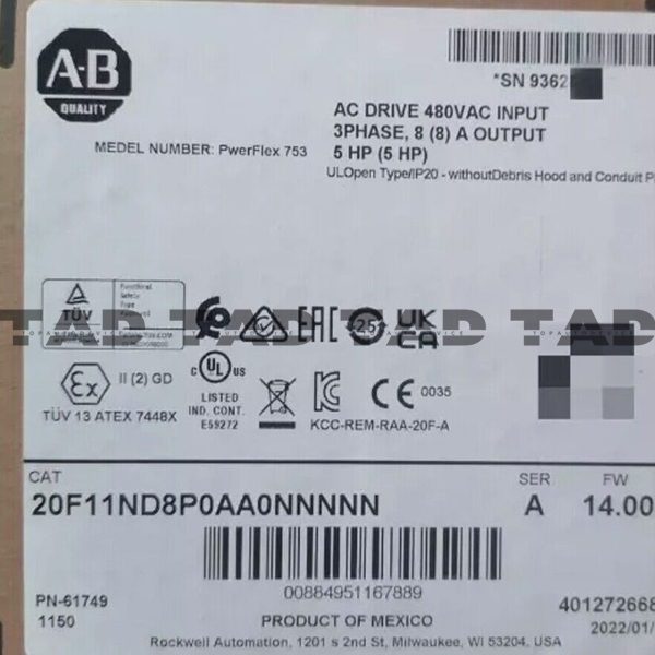 Allen-Bradley 20F11ND8P0AA0NNNNN PowerFlex Air Cooled 753 AC Drive