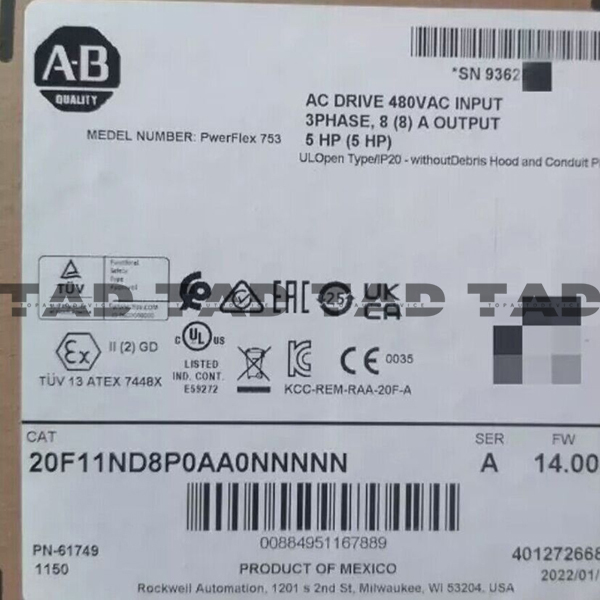 Allen-Bradley 20F11ND8P0AA0NNNNN PowerFlex Air Cooled 753 AC Drive