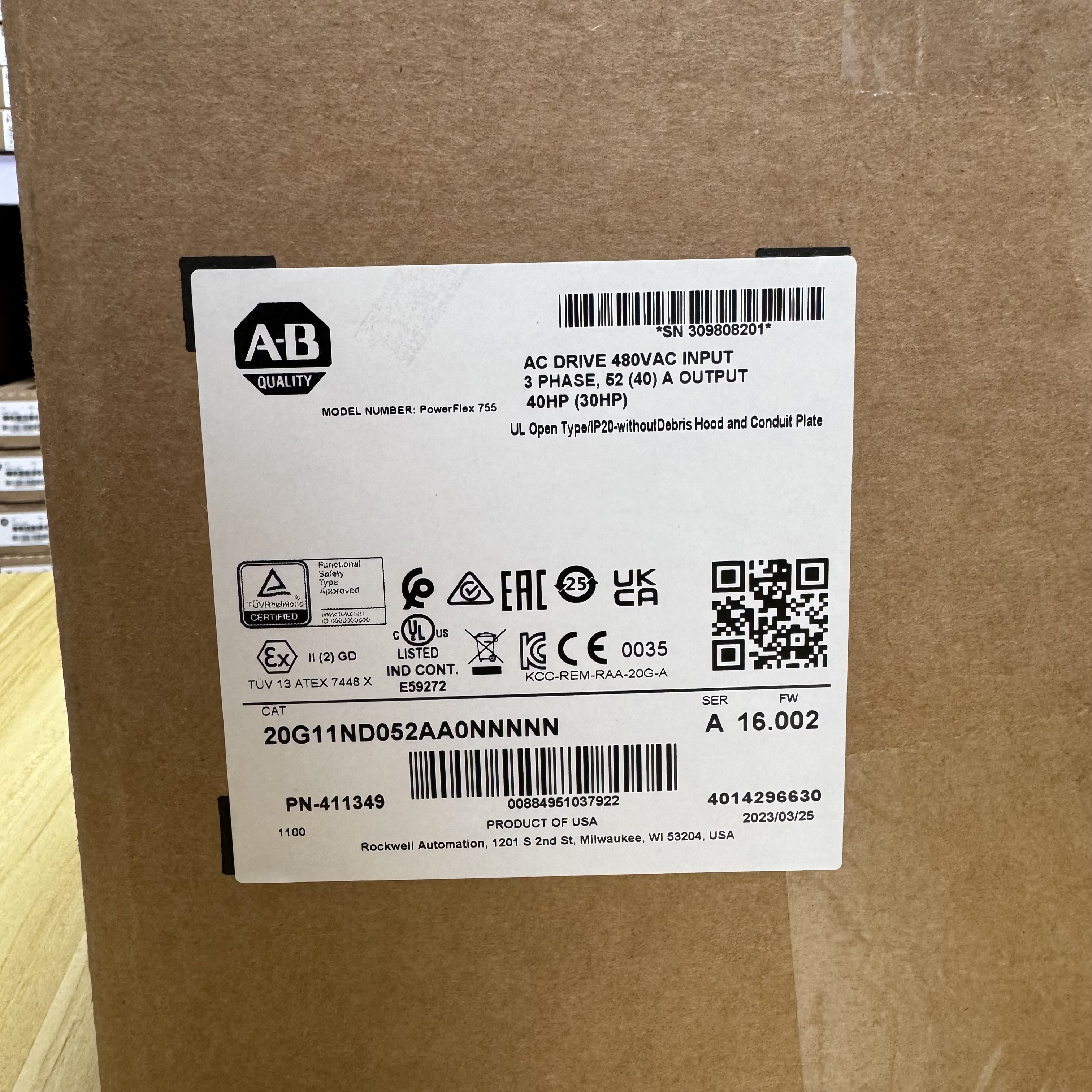 Allen-Bradley 20G11ND052AA0NNNNN /A Power Flex 755 480V AC 40HP 52A NEW IN BOX