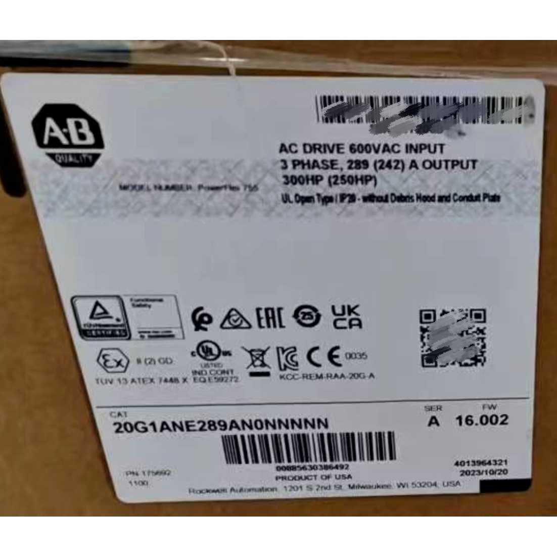 Allen-Bradley 20G1ANE289AN0NNNNN PowerFlex 755 AC Drive Cooled New Sealed