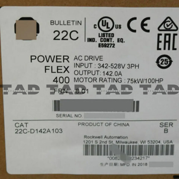 Allen-Bradley 22C-D142A103 PowerFlex 400- 75 kW (100 HP) AC Drive