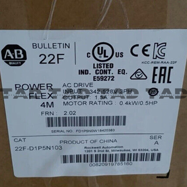 Allen-Bradley 22F-D1P5N103 PowerFlex 4M- 0.4 kW (0.5 HP) AC Drive