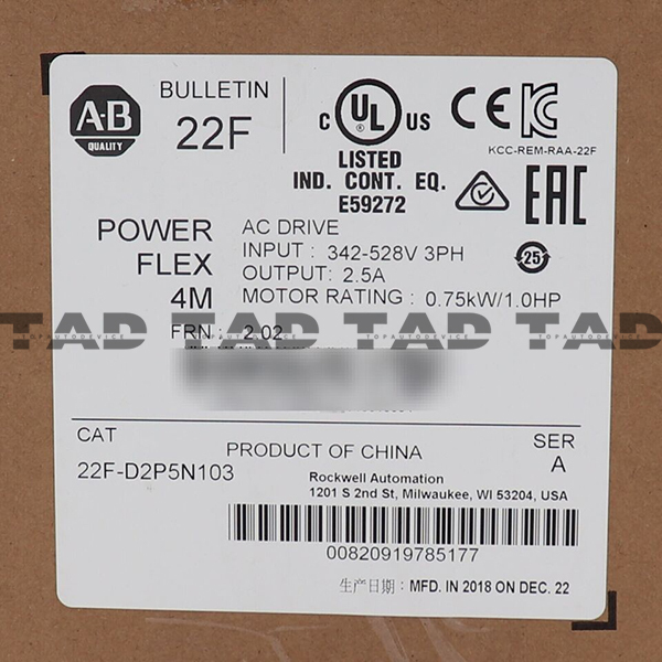 Allen-Bradley 22F-D2P5N103 PowerFlex 4M- 0.75 kW (1 HP) AC Drive