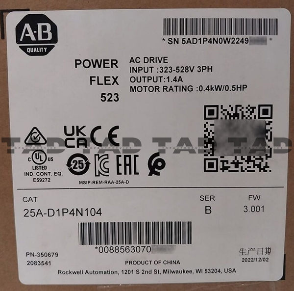 Allen-Bradley 25A-D1P4N104 PowerFlex 523 0.4kW (0.5Hp) AC Drive