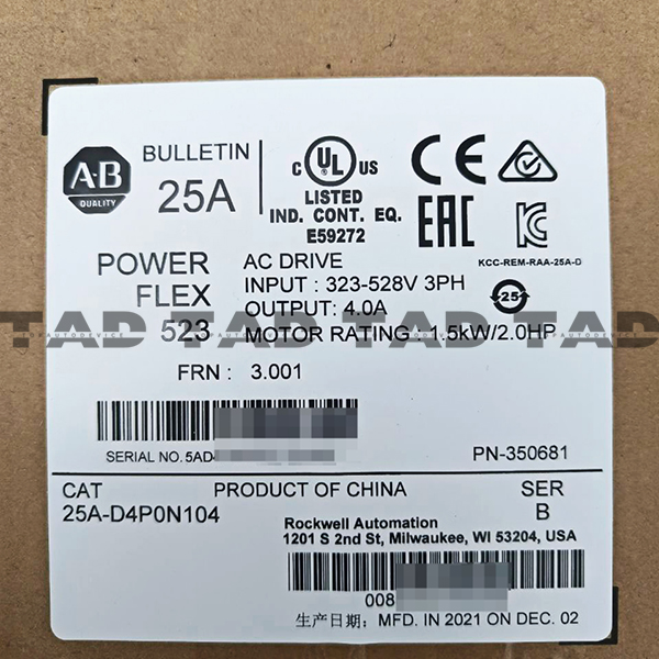Allen-Bradley 25A-D4P0N104 PowerFlex 523 1.5kW (2Hp) AC Drive