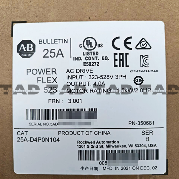 Allen-Bradley 25A-D4P0N104 PowerFlex 523 1.5kW (2Hp) AC Drive