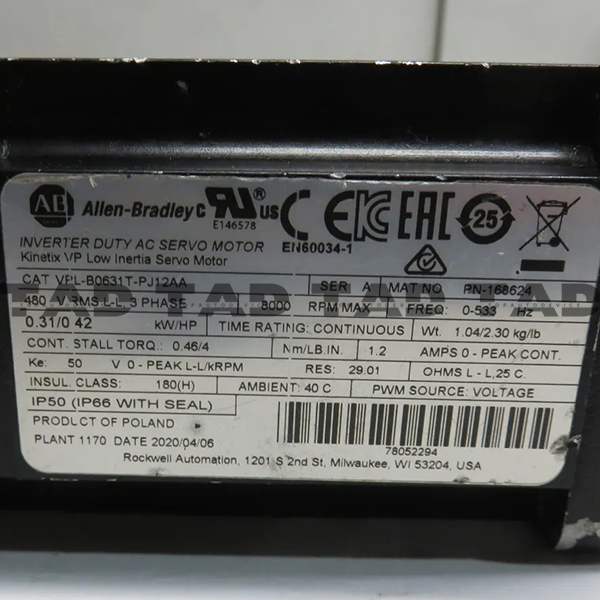 Allen-Bradley VPL-B0631T-PJ12AA Kinetix VP Low Inertia Servo Motor