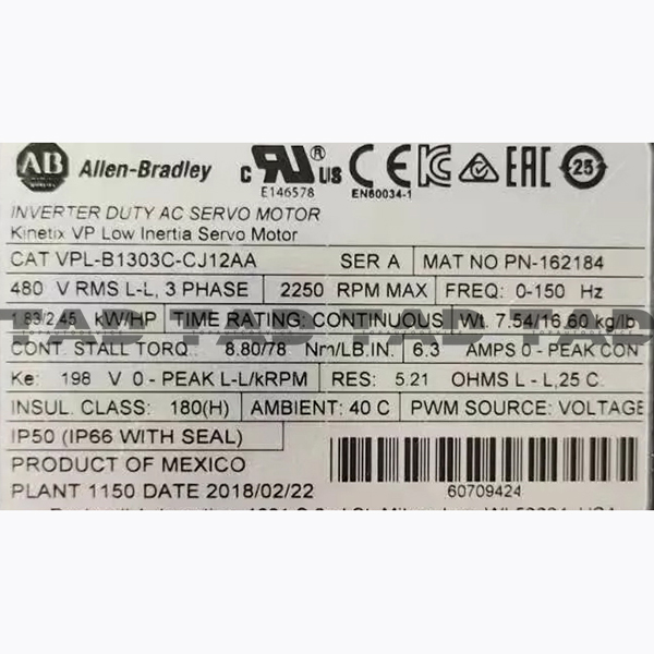 Allen-Bradley VPL-B1303C-CJ12AA Kinetix VP Low Inertia Servo Motor