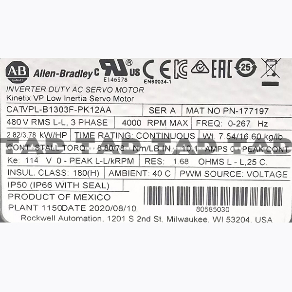 Allen-Bradley VPL-B1303F-PK12AA Kinetix VP Low Inertia Servo Motor