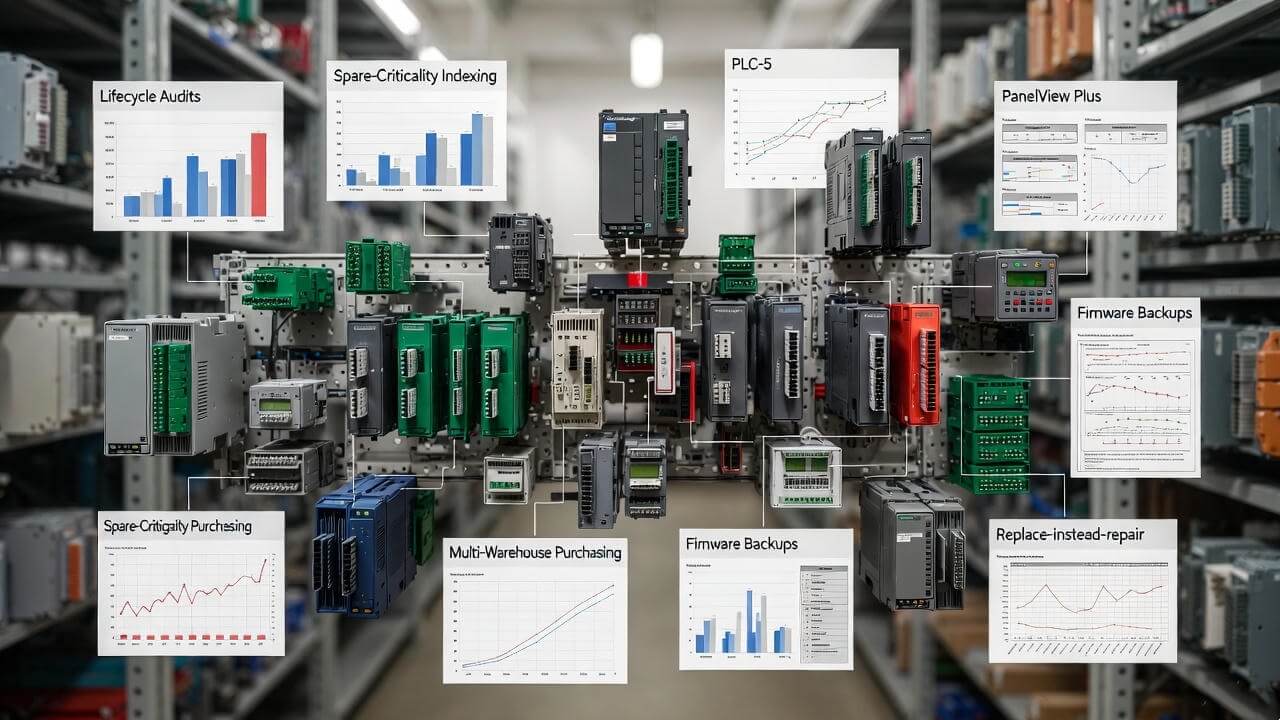 2026&ndash;2028 Automation Hardware EOL Crisis & Mitigation Infographic &ndash; Lifecycle Audits, Spare-Criticality Indexing, Multi-Warehouse Purchasing, Firmware Backups, Replace-Instead-of-Repair Strategy for legacy PLC-5, SLC 500, PanelView Plus, and ControlLogix systems